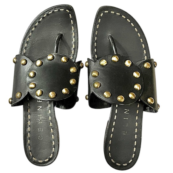 𝐂𝐄𝐋𝐈𝐍𝐄 Black Leather Sandal Flip Flop Thong Brass Studs Size 35.5/US 5 - Picture 1 of 9